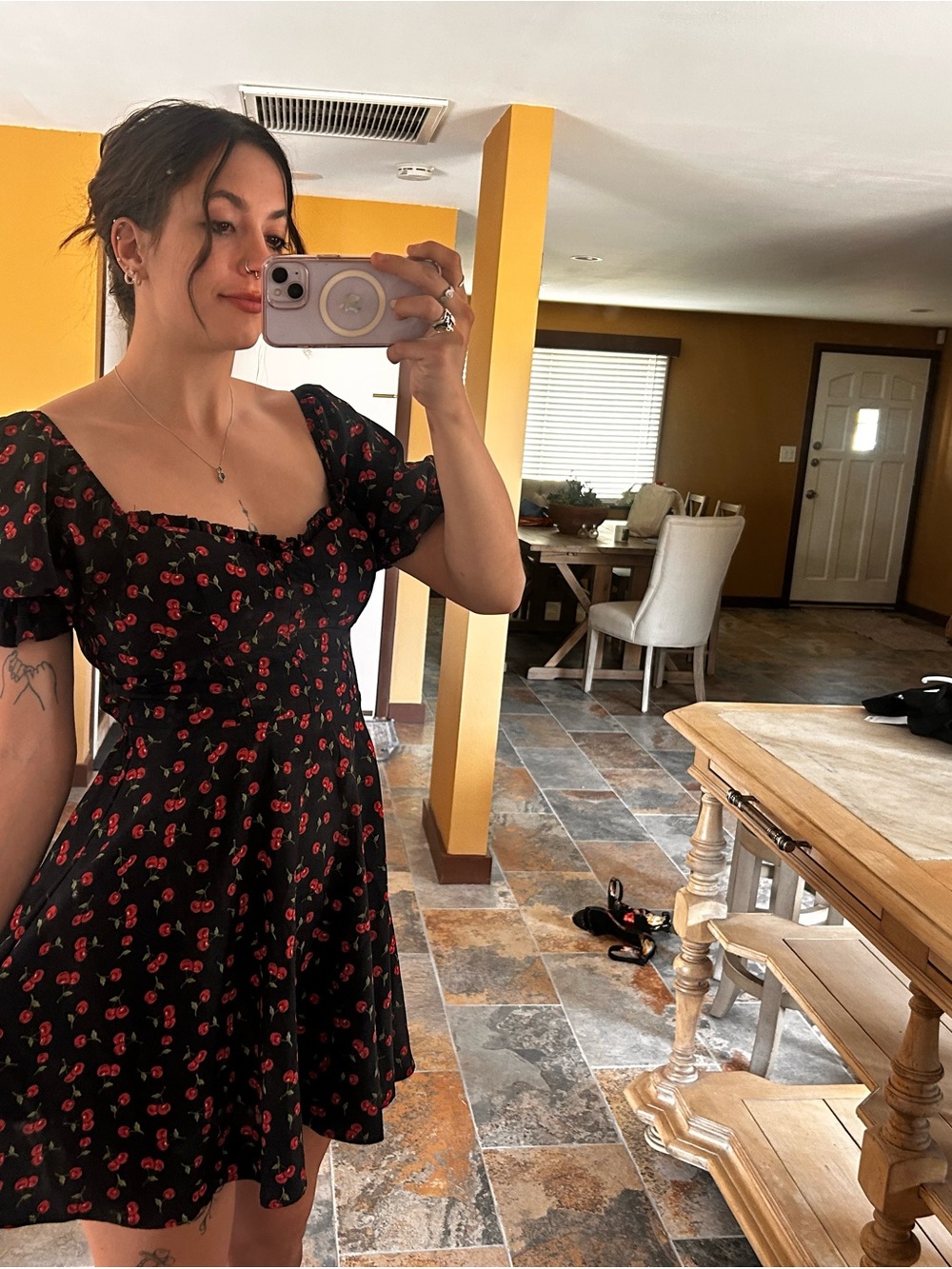 Inspired Hearts Cherry Print Puff Sleeve Mini Dress Size Small